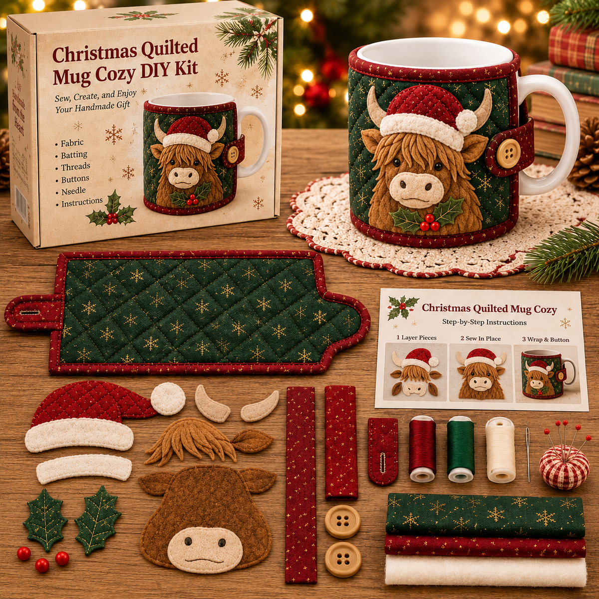 🔥Last Day Sale - 49% OFF-Christmas Mug Cozy Sewing Kit – 6 Festive Appliqué Designs
