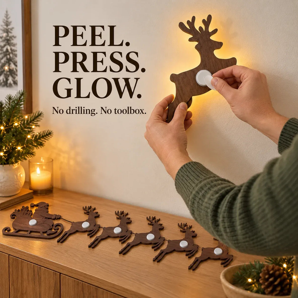 🦌Santa Sleigh & 6 Reindeer LED Wall Display- Warm Christmas Glow