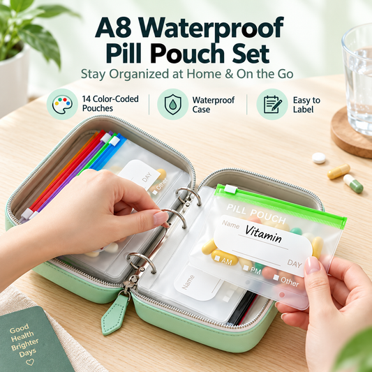 💊A8 Waterproof 14-Pouch Weekly Pill Organizer, Color-Coded Travel Storage for Vitamins & Supplements