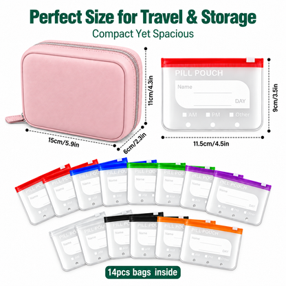 💊A8 Waterproof 14-Pouch Weekly Pill Organizer, Color-Coded Travel Storage for Vitamins & Supplements