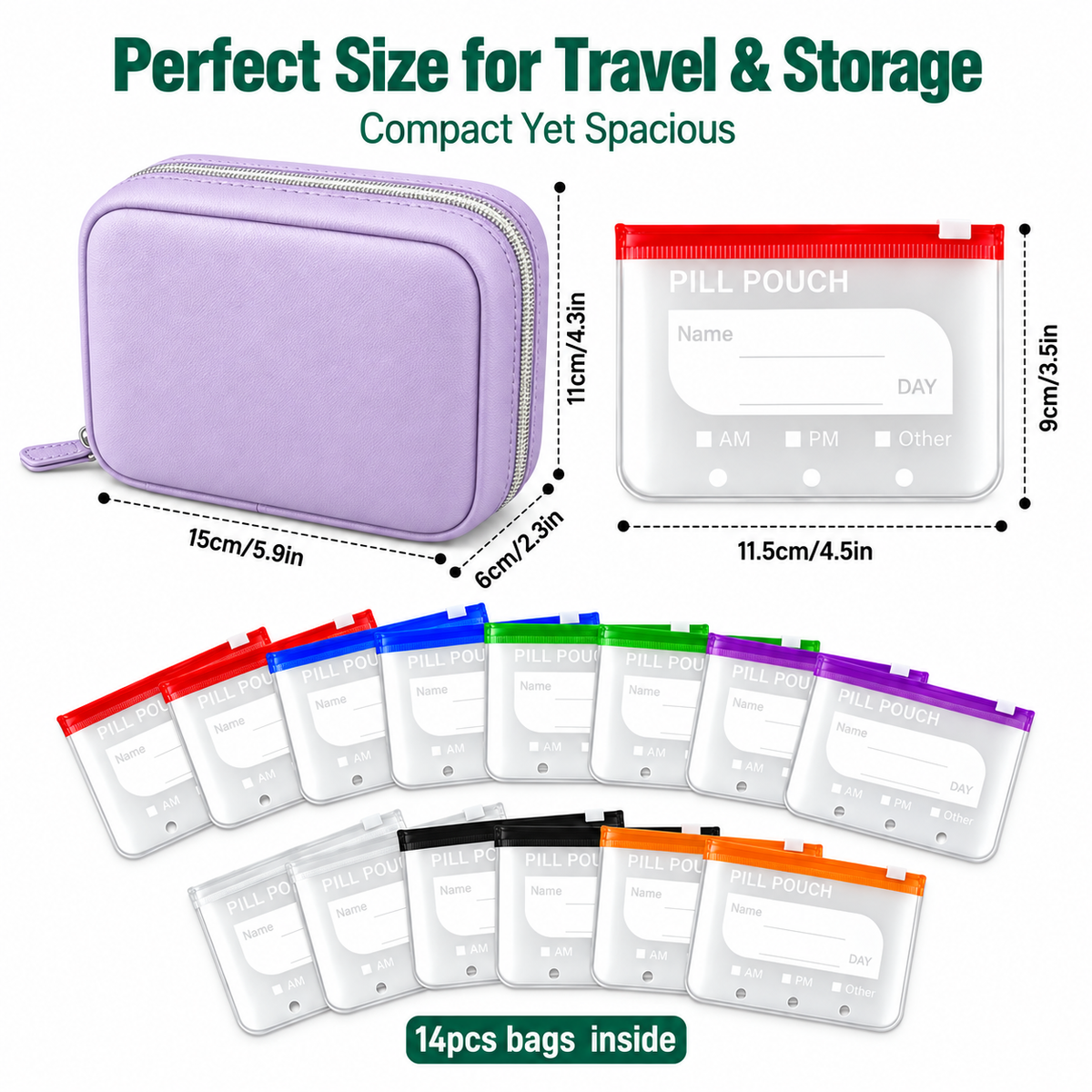 💊A8 Waterproof 14-Pouch Weekly Pill Organizer, Color-Coded Travel Storage for Vitamins & Supplements