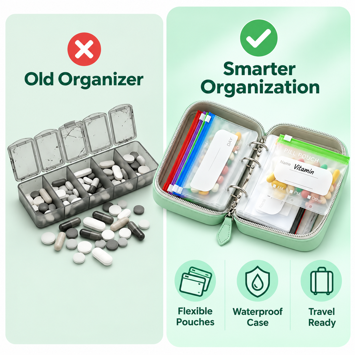 💊A8 Waterproof 14-Pouch Weekly Pill Organizer, Color-Coded Travel Storage for Vitamins & Supplements