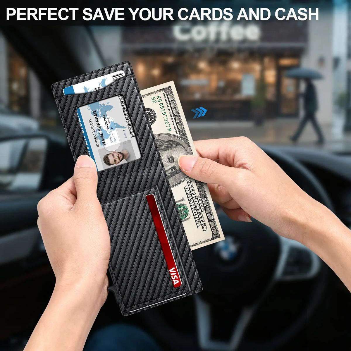 Men's RFID Minimalist Bifold Wallet with Pop-Up Card Holder & Money Clip