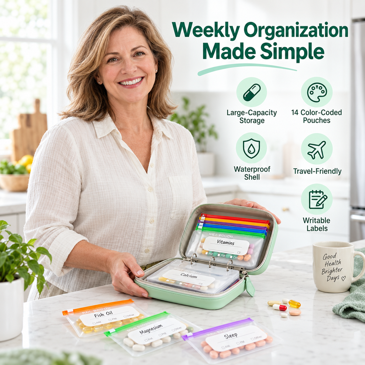 💊A8 Waterproof 14-Pouch Weekly Pill Organizer, Color-Coded Travel Storage for Vitamins & Supplements