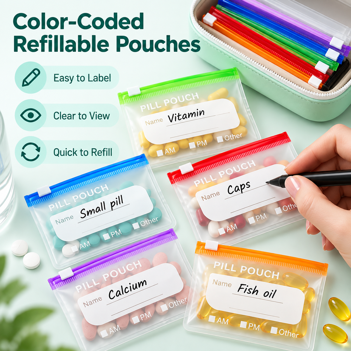 💊A8 Waterproof 14-Pouch Weekly Pill Organizer, Color-Coded Travel Storage for Vitamins & Supplements