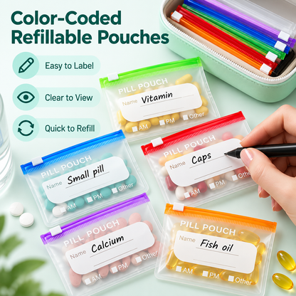 💊A8 Waterproof 14-Pouch Weekly Pill Organizer, Color-Coded Travel Storage for Vitamins & Supplements