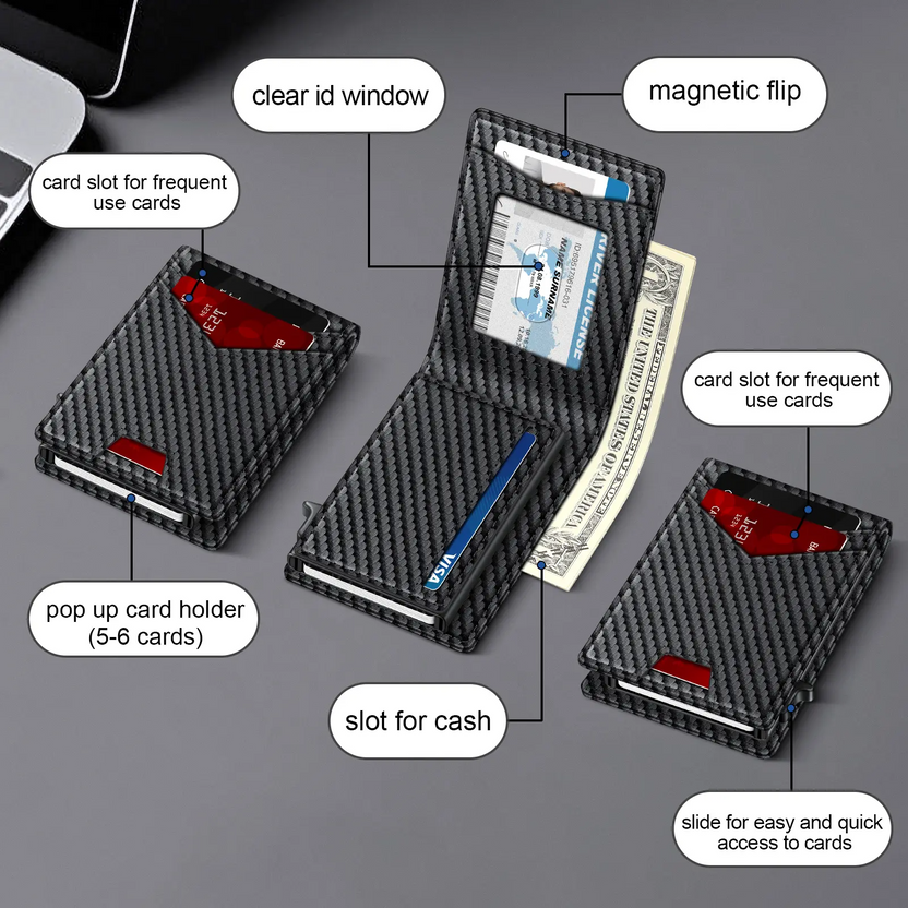 Men's RFID Minimalist Bifold Wallet with Pop-Up Card Holder & Money Clip