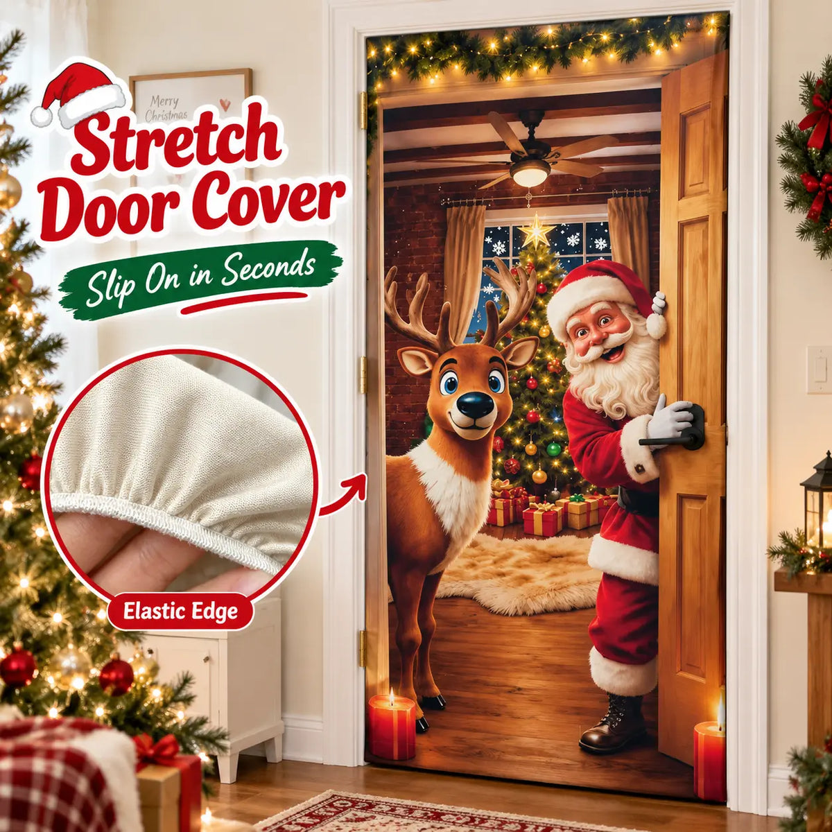 💥Hot Sale 49% Off✨Stretch Fit Santa Christmas Door Cover – Holiday Front Door Decoration