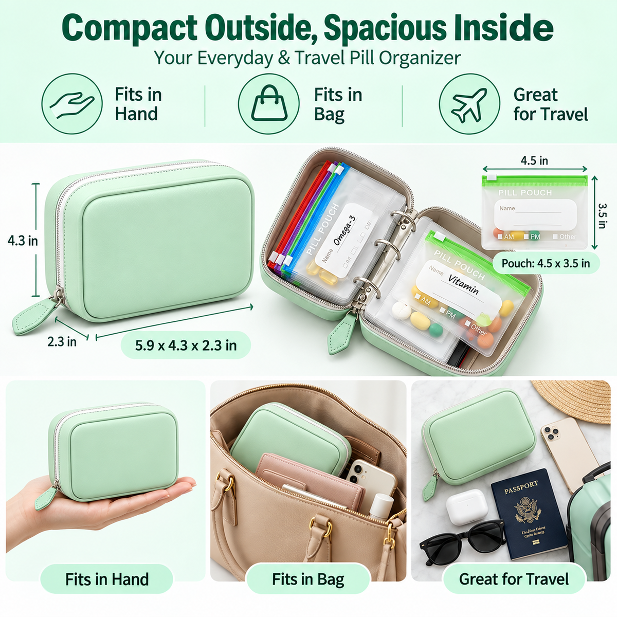 💊A8 Waterproof 14-Pouch Weekly Pill Organizer, Color-Coded Travel Storage for Vitamins & Supplements