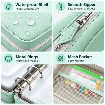 💊A8 Waterproof 14-Pouch Weekly Pill Organizer, Color-Coded Travel Storage for Vitamins & Supplements