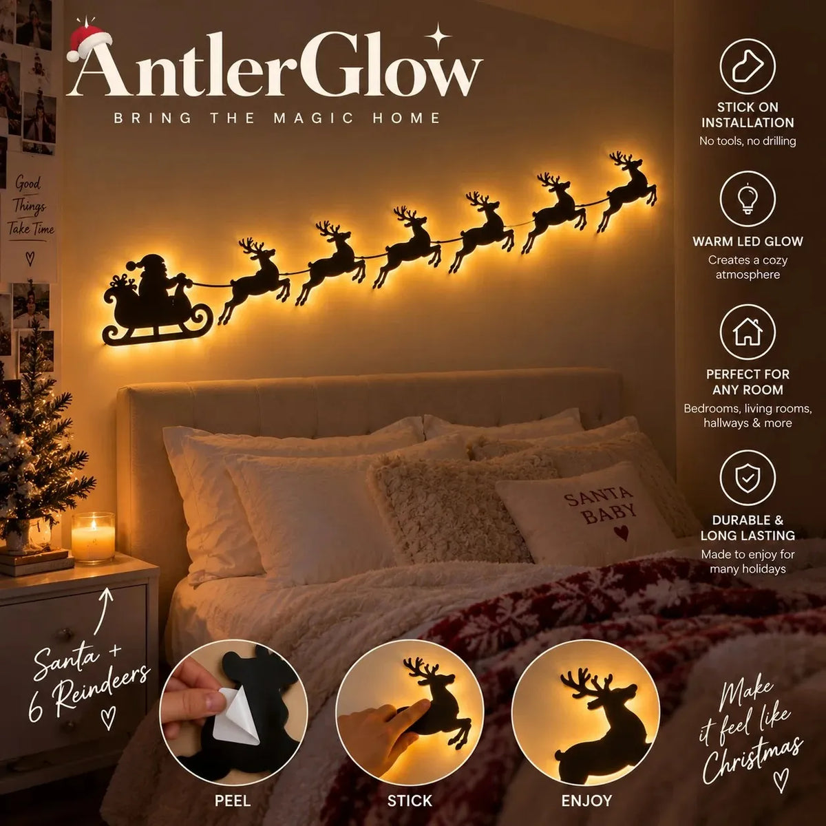 🦌Santa Sleigh & 6 Reindeer LED Wall Display- Warm Christmas Glow