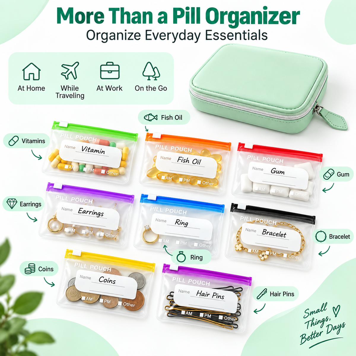 💊A8 Waterproof 14-Pouch Weekly Pill Organizer, Color-Coded Travel Storage for Vitamins & Supplements