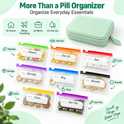 💊A8 Waterproof 14-Pouch Weekly Pill Organizer, Color-Coded Travel Storage for Vitamins & Supplements