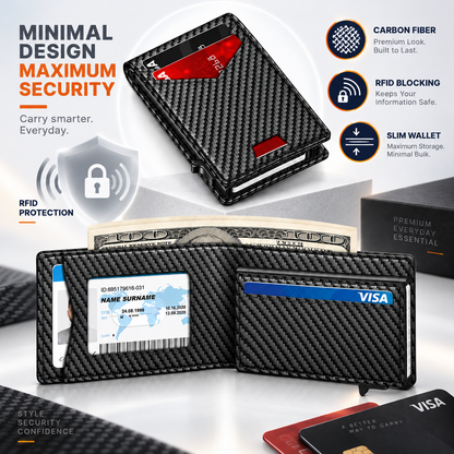 Men's RFID Minimalist Bifold Wallet with Pop-Up Card Holder & Money Clip