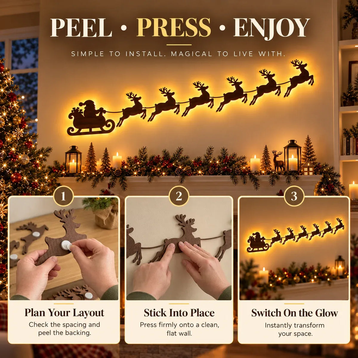 🦌Santa Sleigh & 6 Reindeer LED Wall Display- Warm Christmas Glow