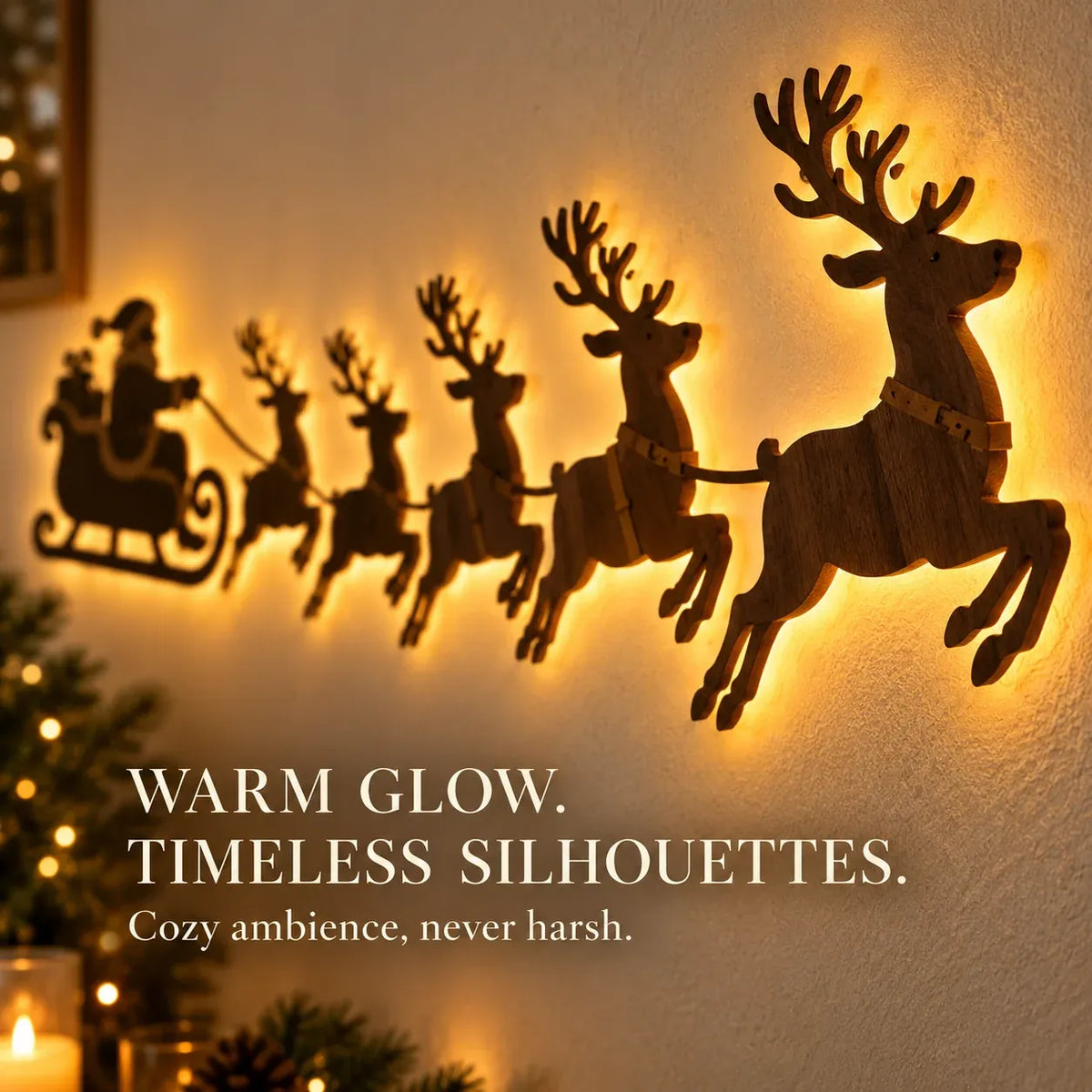 🦌Santa Sleigh & 6 Reindeer LED Wall Display- Warm Christmas Glow